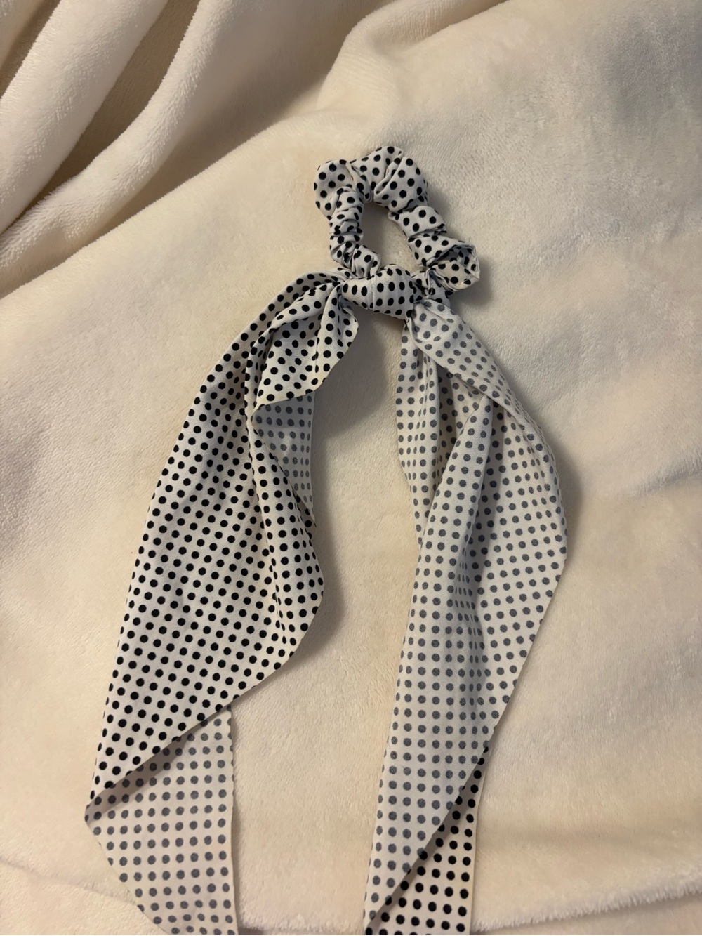 Polka Dot Bow Scrunchie Hair Tie - White with Black Dots